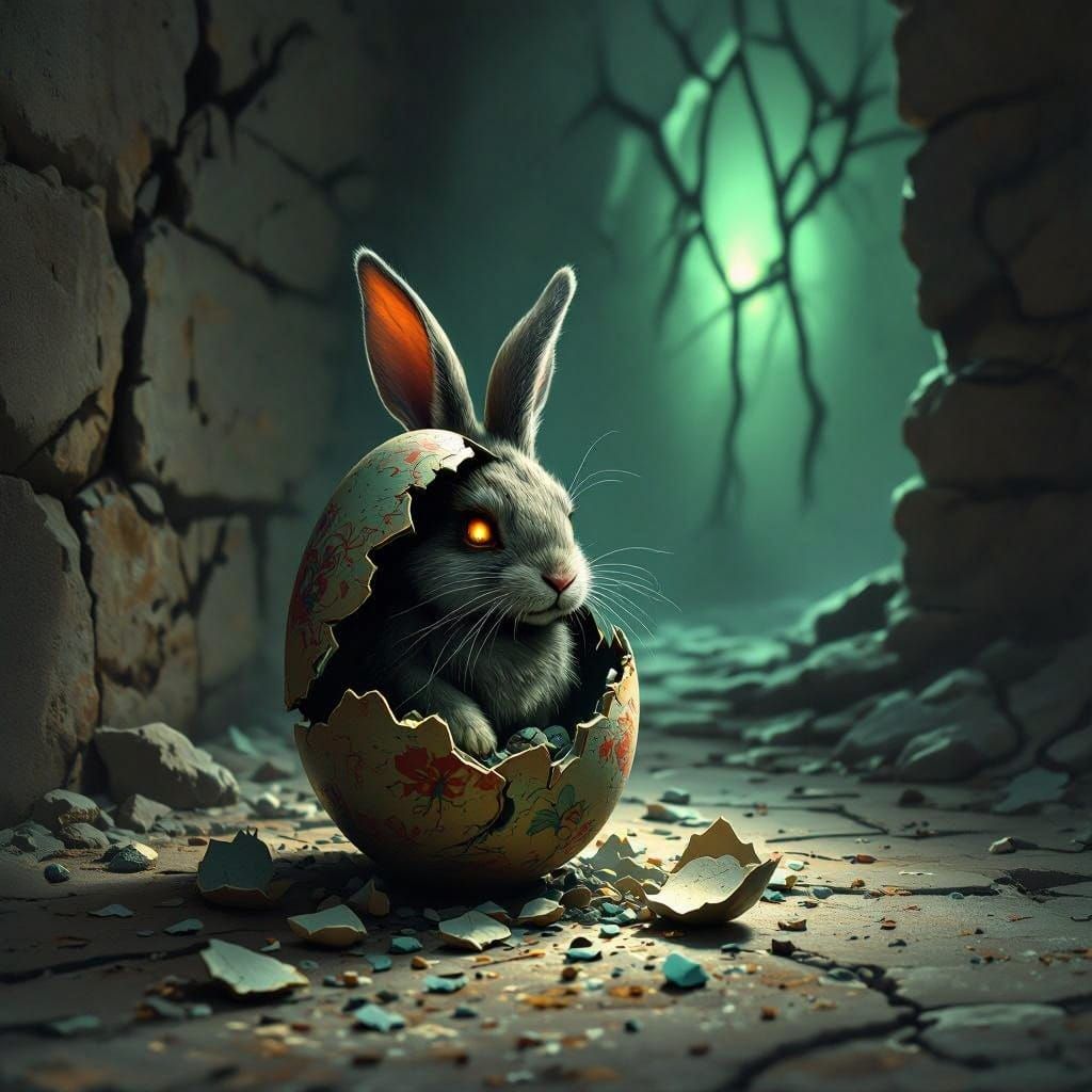 Twisted Easter Rabbit in Dark, Ruined Landscape