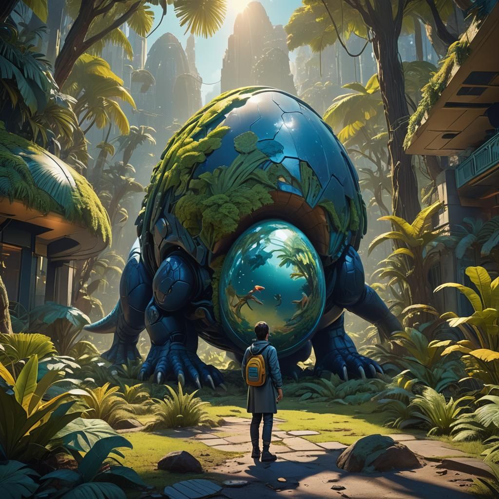 Futuristic Utopia Dinosaur Encounter in Vibrant Pastels