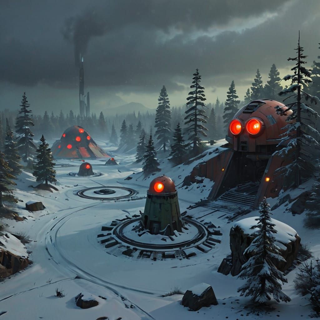 Dystopian Wasteland with Metal Bunkers and Robot Heads