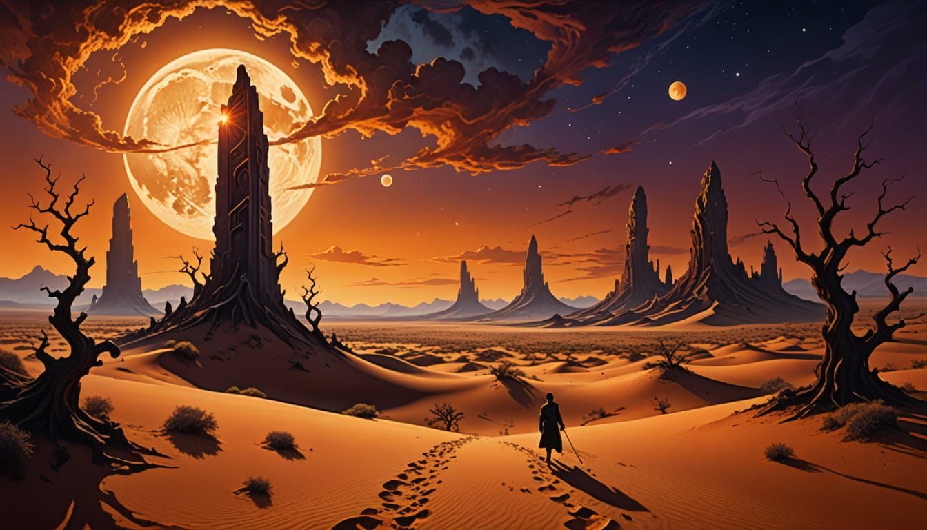 Surreal Desert with Twin Moons and Runes