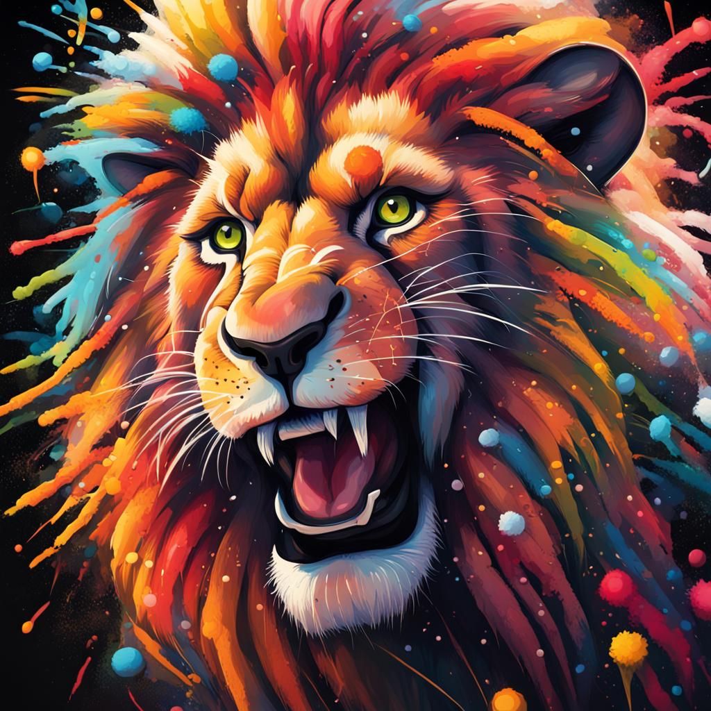 Vibrant Lion in Explosive Fireworks Scene, a Graffiti Master...