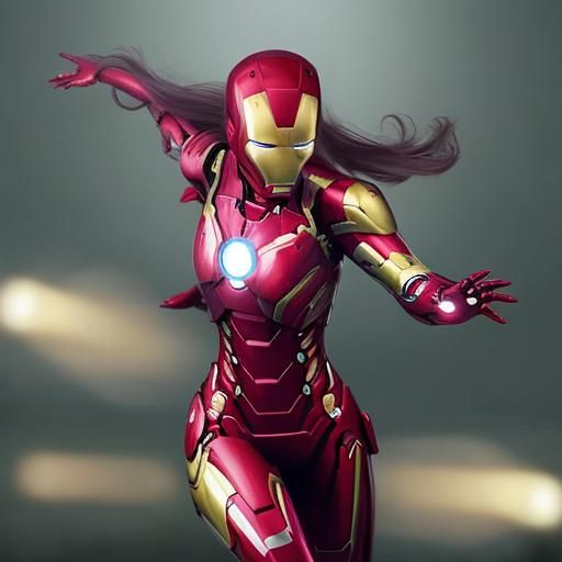Female Iron Man in Flight, Hyperrealistic Concept Art