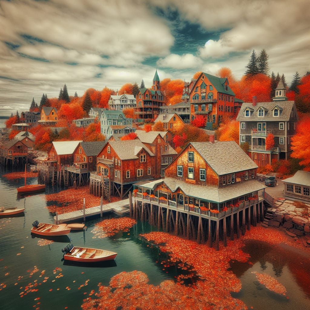 Autumn Town in Maine - Vibrant Wooden Buildings over Water