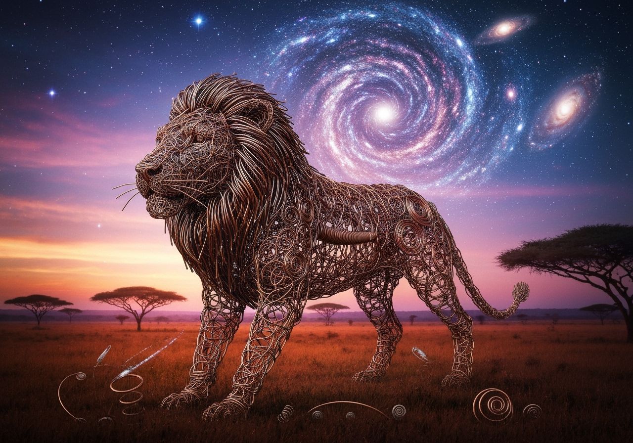Majestic Lion Wire Sculpture in Cosmic Fantasy Style
