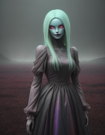 Creepy Alien Barbie in a Gloomy Landscape