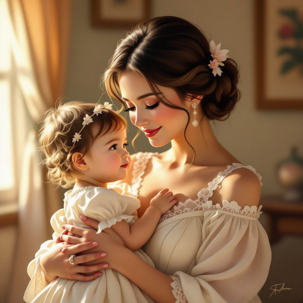 Elegant Mother and Child in Whimsical Style