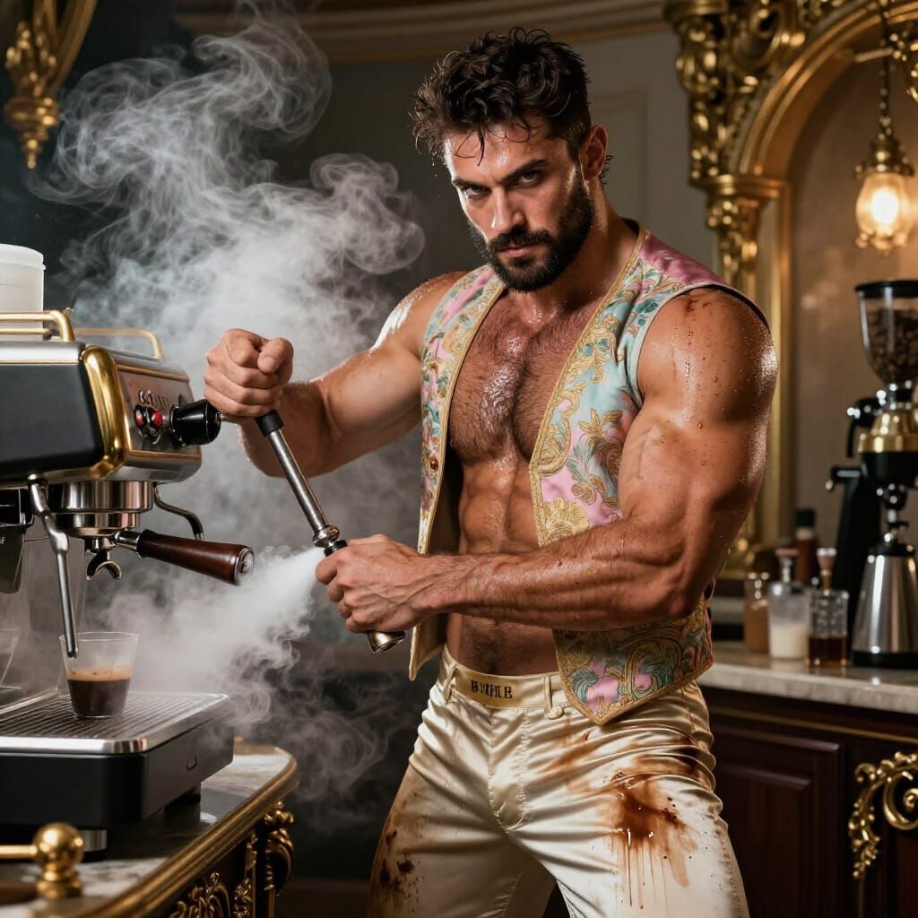 Muscular Barista in Dramatic Steam Burst