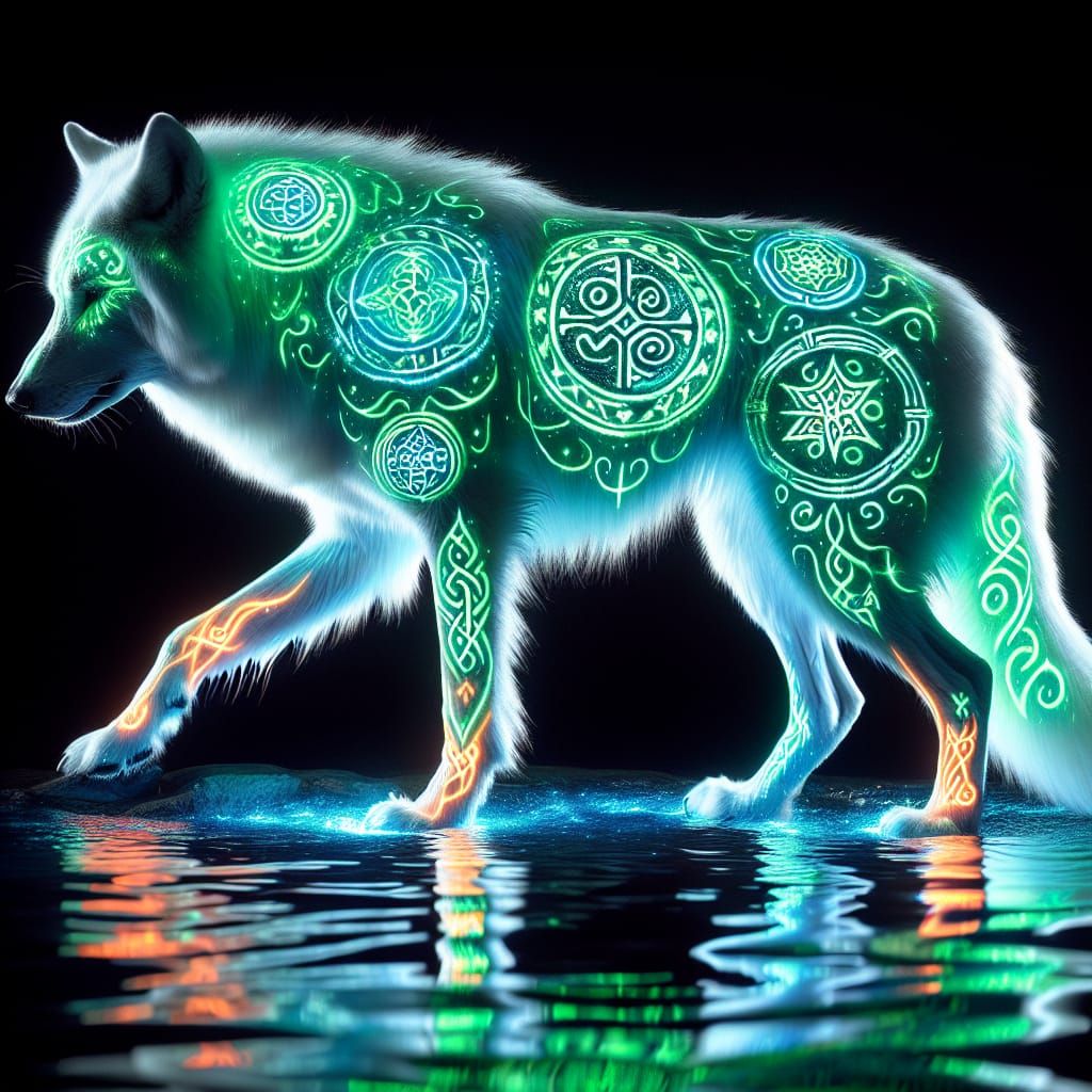 Wolf Adorned with Glowing Tiano Rune Tattoos in Ethereal Bla...