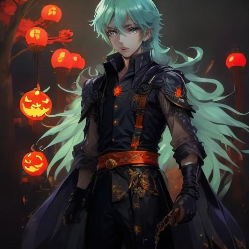 Vibrant Anime Halloween Scene with Spooky Sign and Decoratio...
