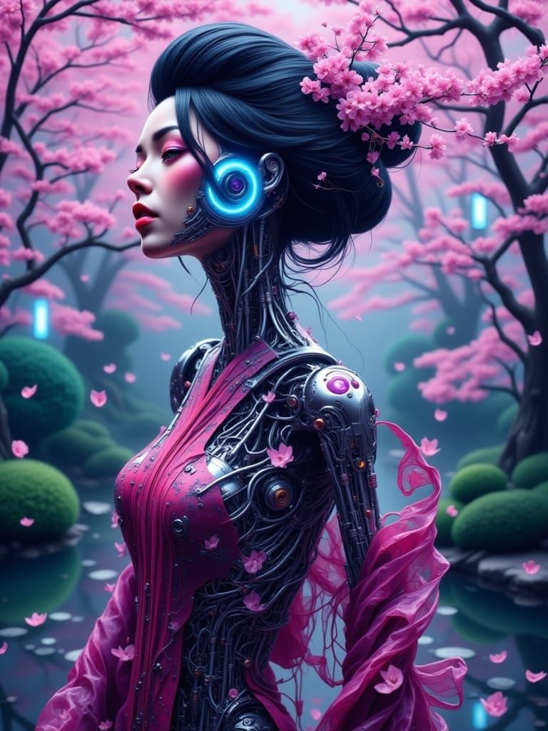 Cyborg Geisha in Futuristic Kyoto Garden