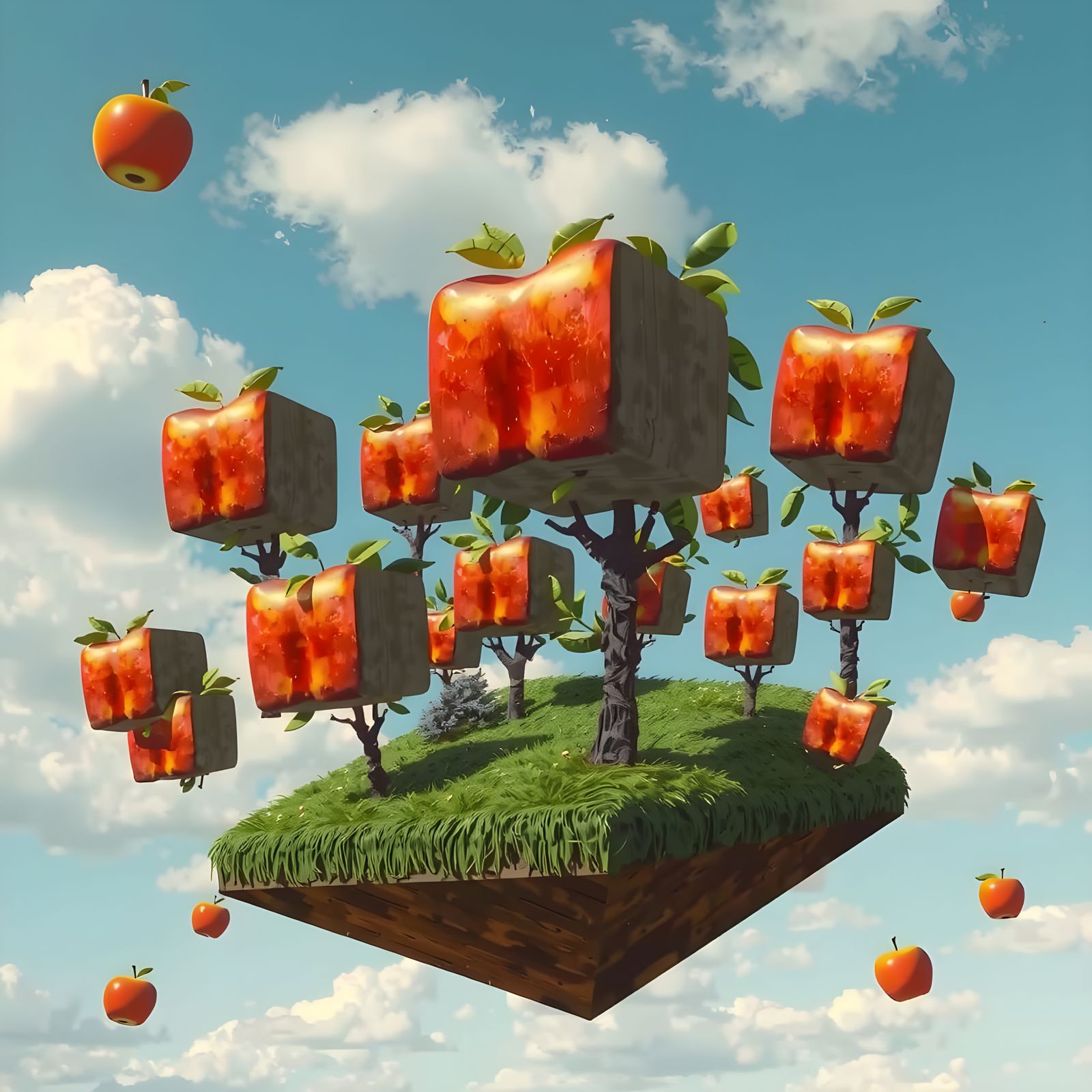 Surreal Cubist Floating Orchard with Geometric Apples