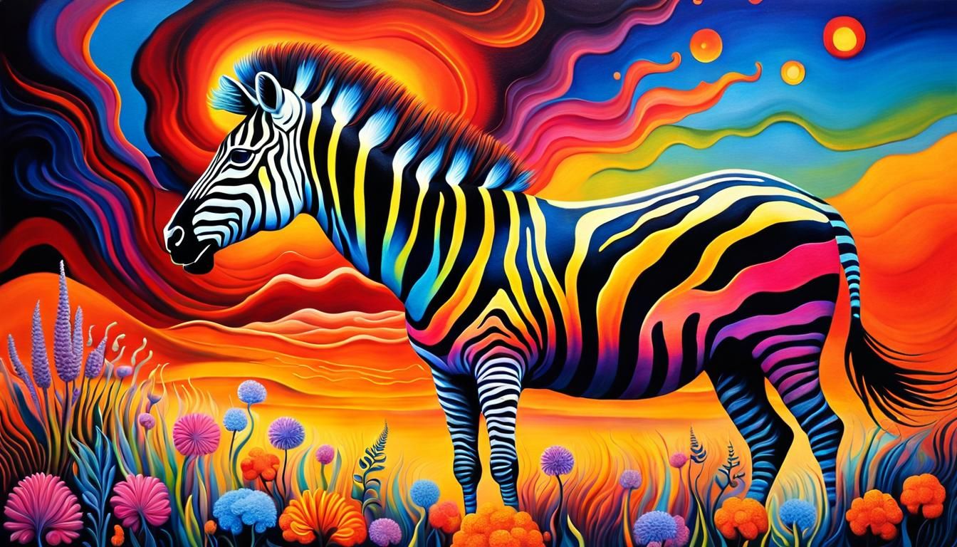 Surrealist Flaming Zebra in Whimsical Dreamscape