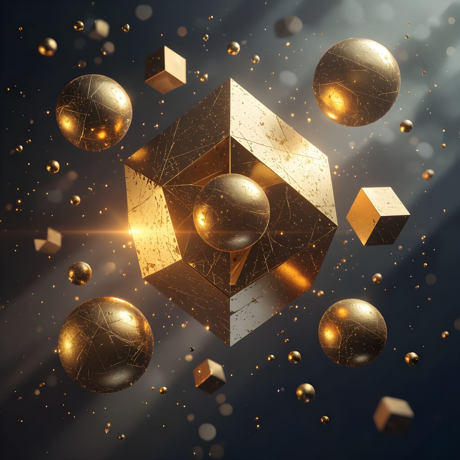 Futuristic Geometric Abstract with Metallic Spheres and Cube...