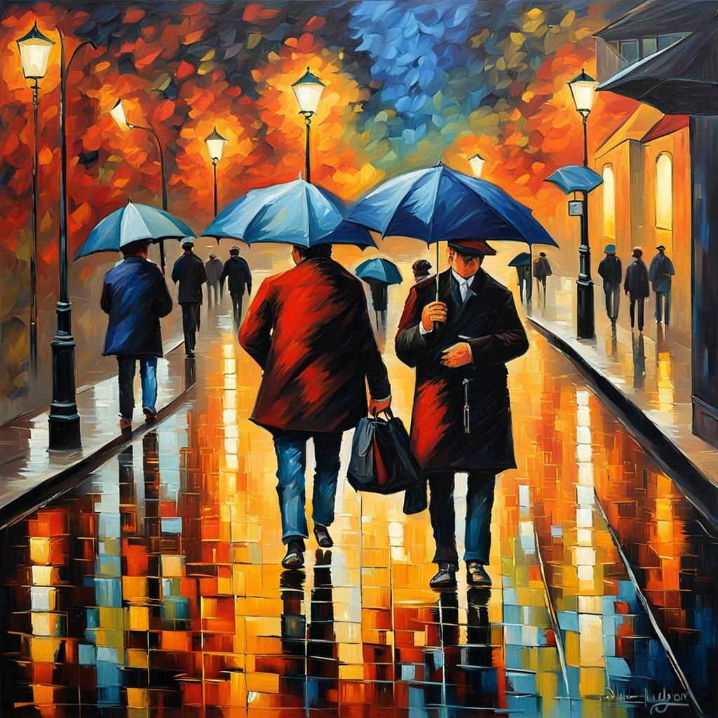 Rainy Parisian Street Scene Under Neo-Impressionist Oil Pain...