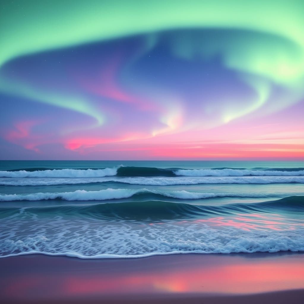 Ethereal Beachscape with Dancing Aurora