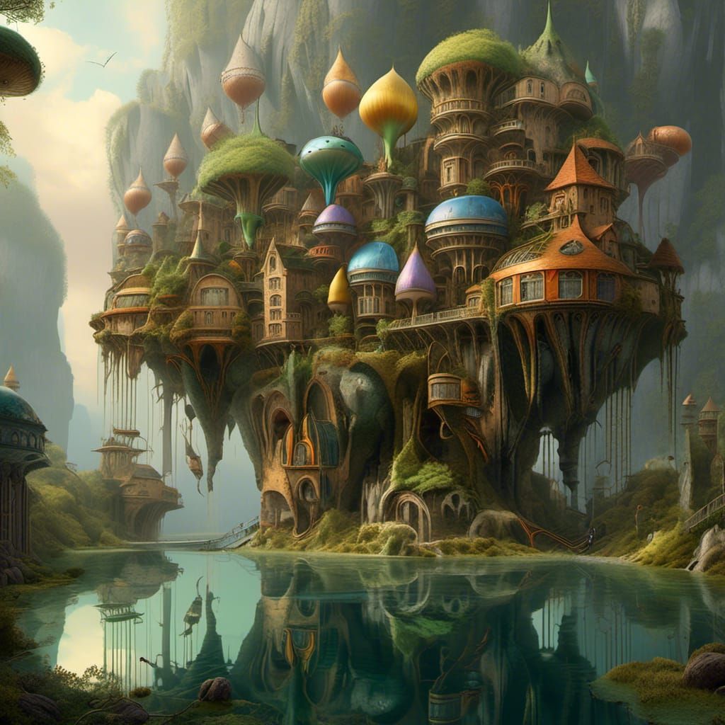 Surreal Solarpunk City Soars Above a Forest Lake