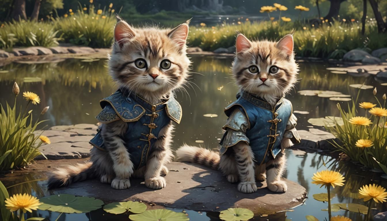 Joyful Feline Prince Beside Serene Pond