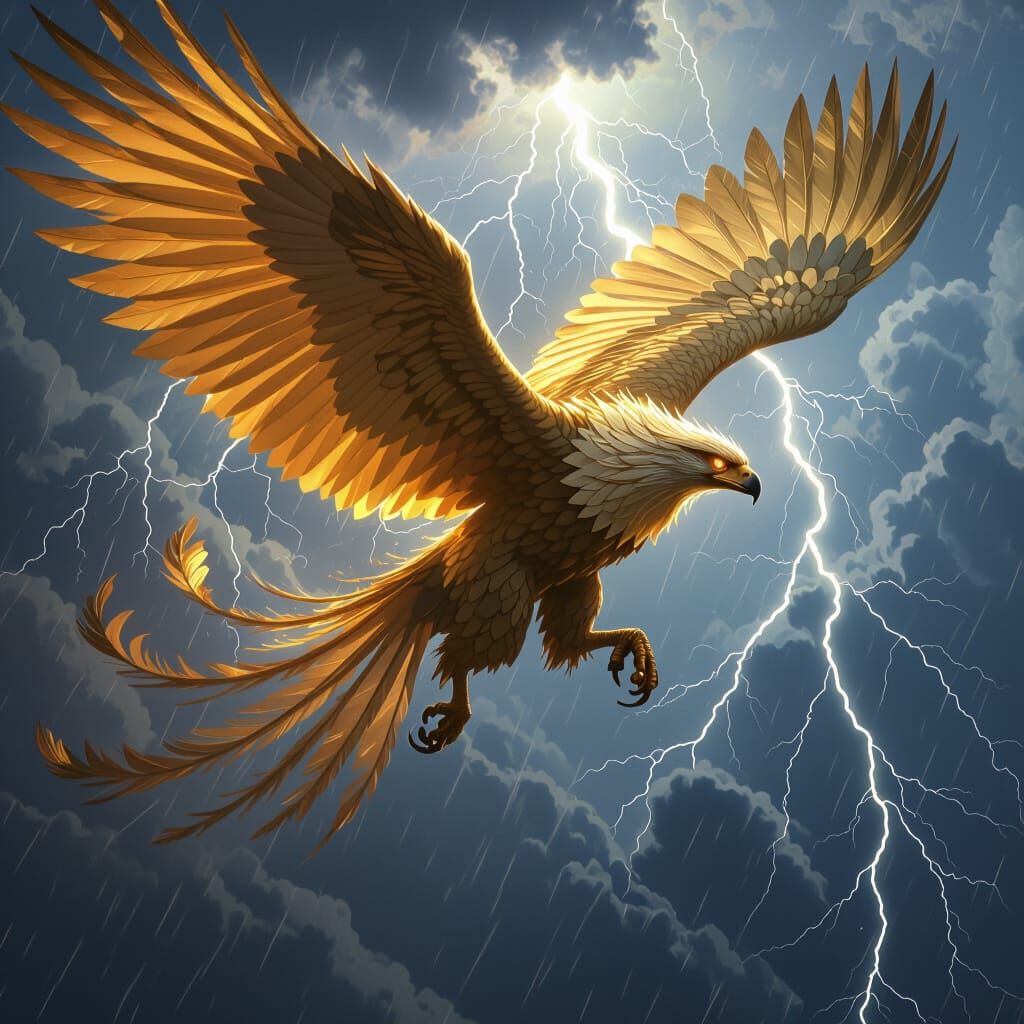 Majestic Griffin Soars Through Stormy Sky