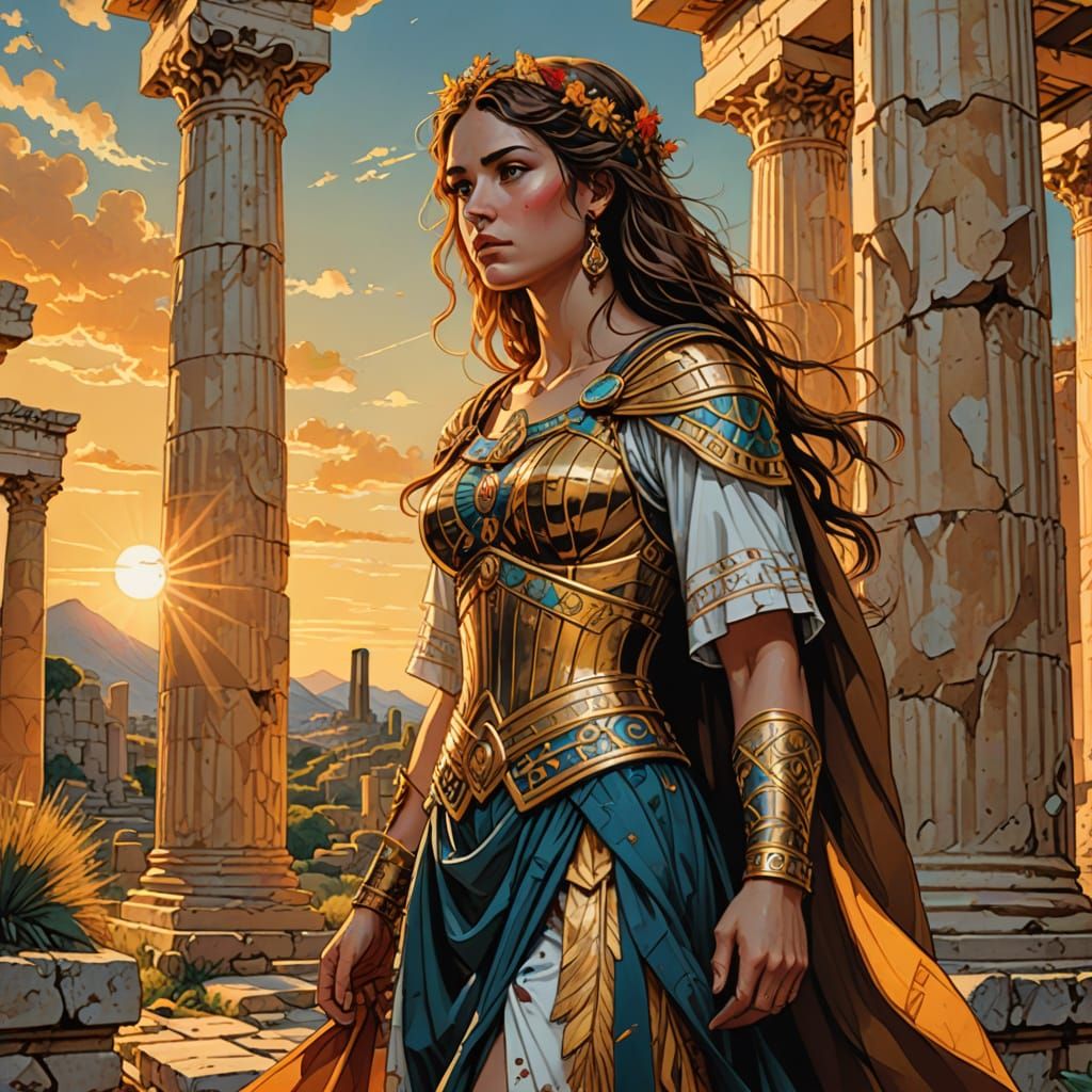 Elegant Woman in Ancient Greek Ruins, Comic Book Art
