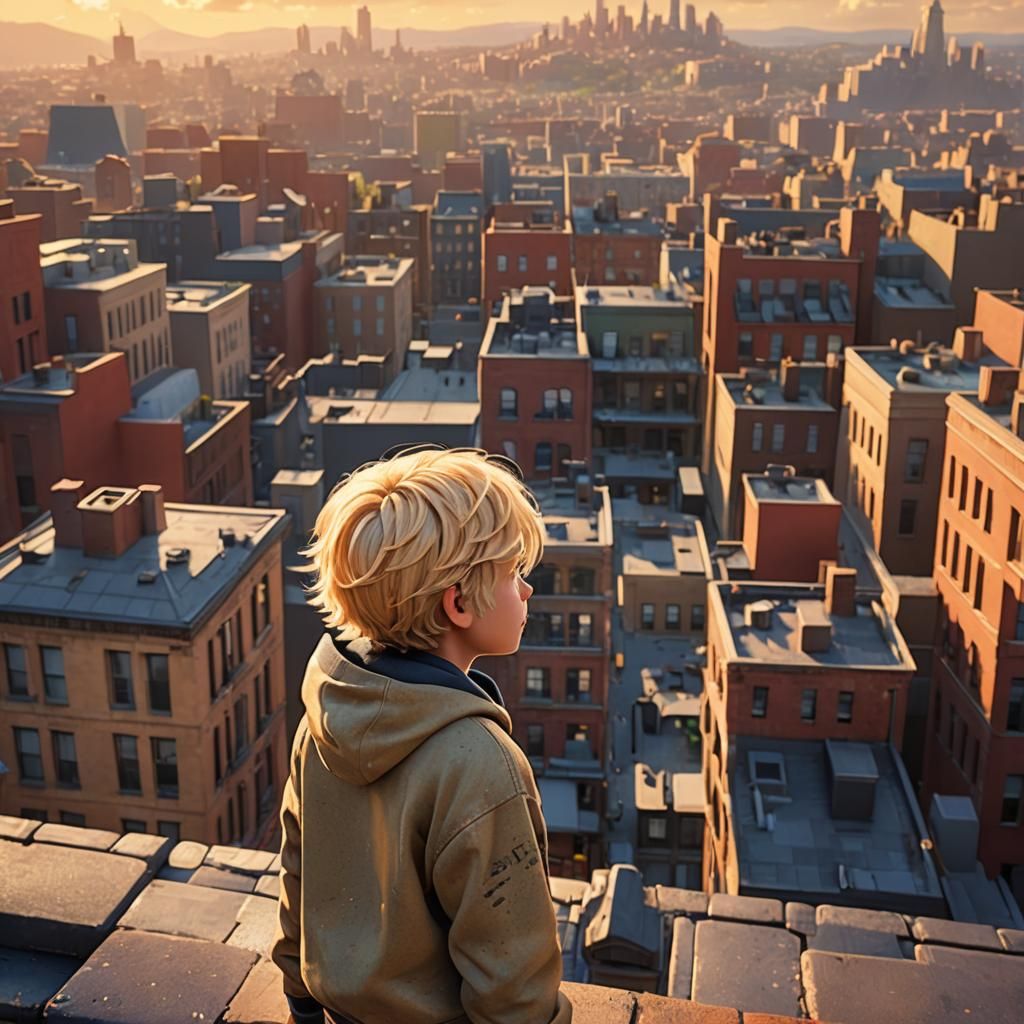 Vibrant Young Hero Stands Tall in City Skyline