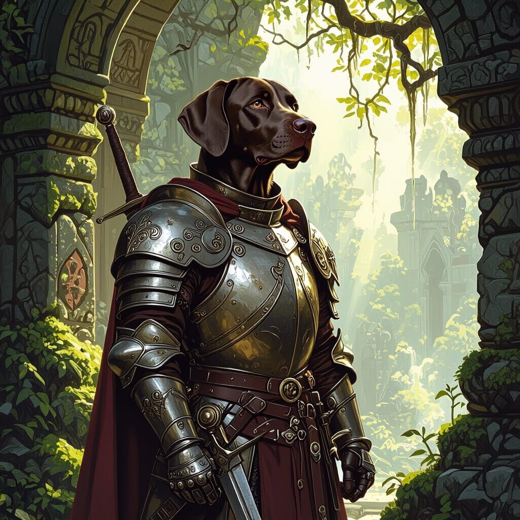 Armored German Pointer Guarding Ancient Temple