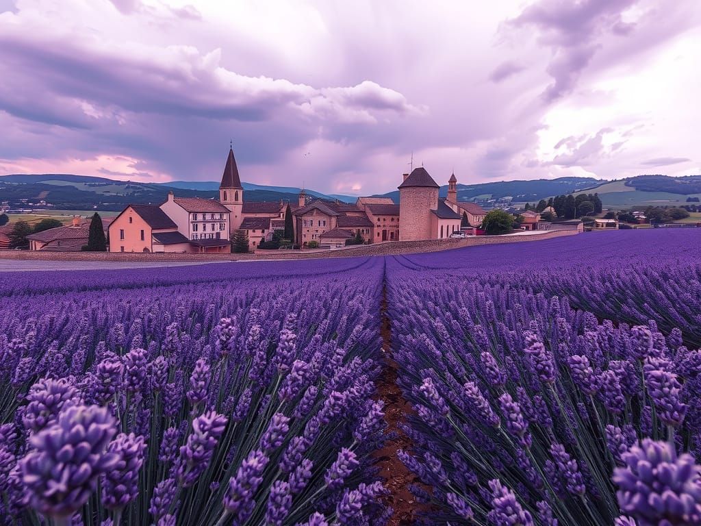 Purple Provençal Landscape with Lavender Fields in Impasto S...