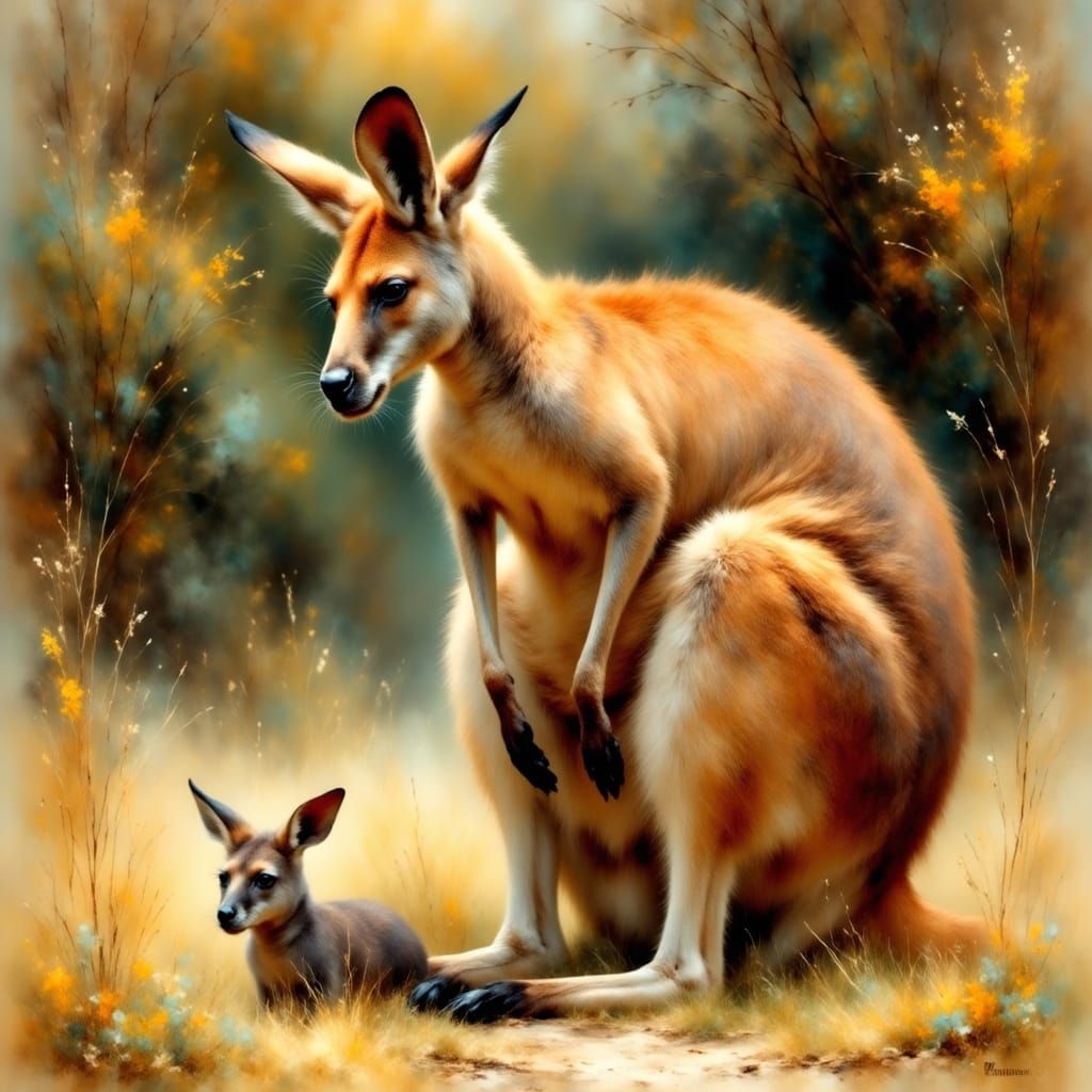 Mother Kangaroo with Baby in Pouch, in Impressionist Style