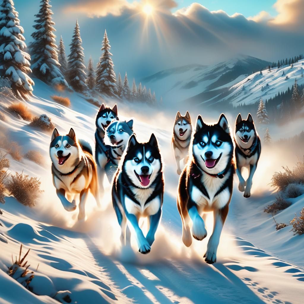 Majestic Husky Pack Runs Through Snowy Hills in Hyperrealist...