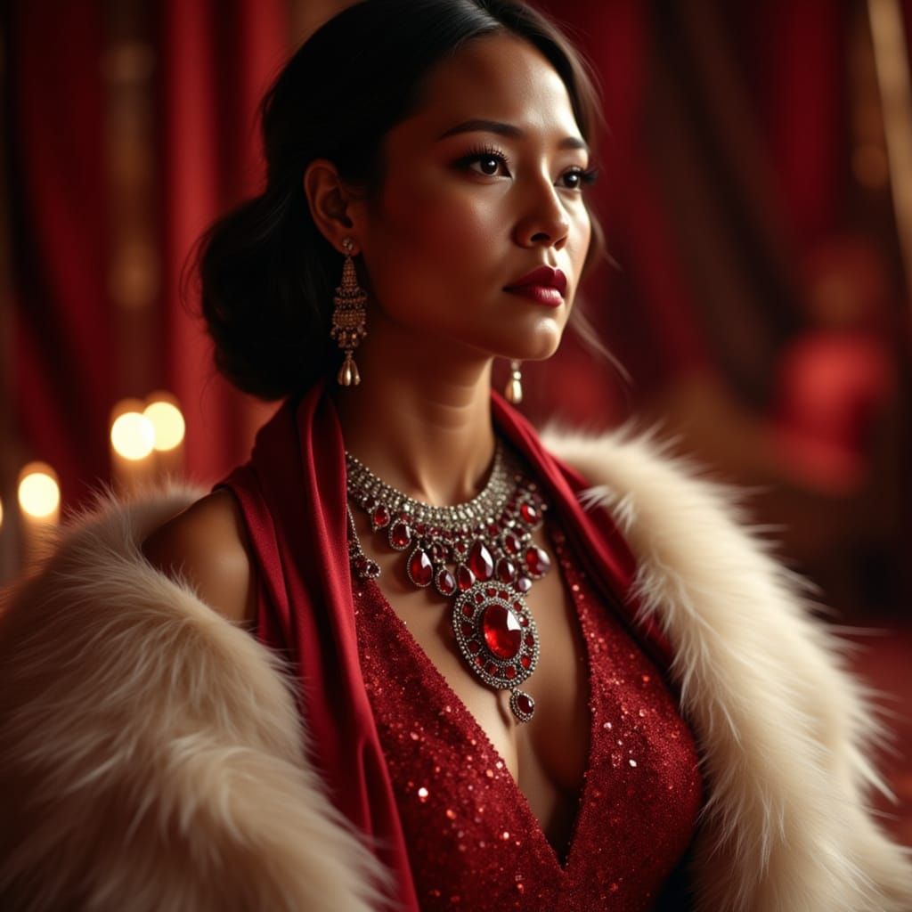 Native woman wearing an exquisite large Winza ruby dressed in a sparkling glitter red evening sheath dress with a white ...