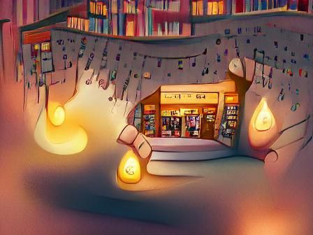 Whimsical Bookstore Night Scene in Watercolor Paint Style