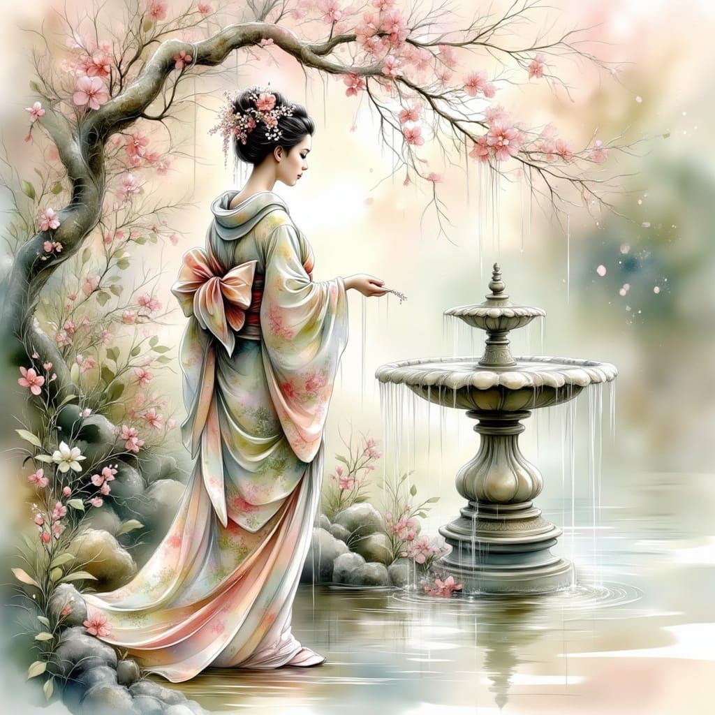 <lora:Ink Poet:1.0> <lora:Soft Winter:1.0> wet ink on silk portrait of a beautiful geisha at a fountain