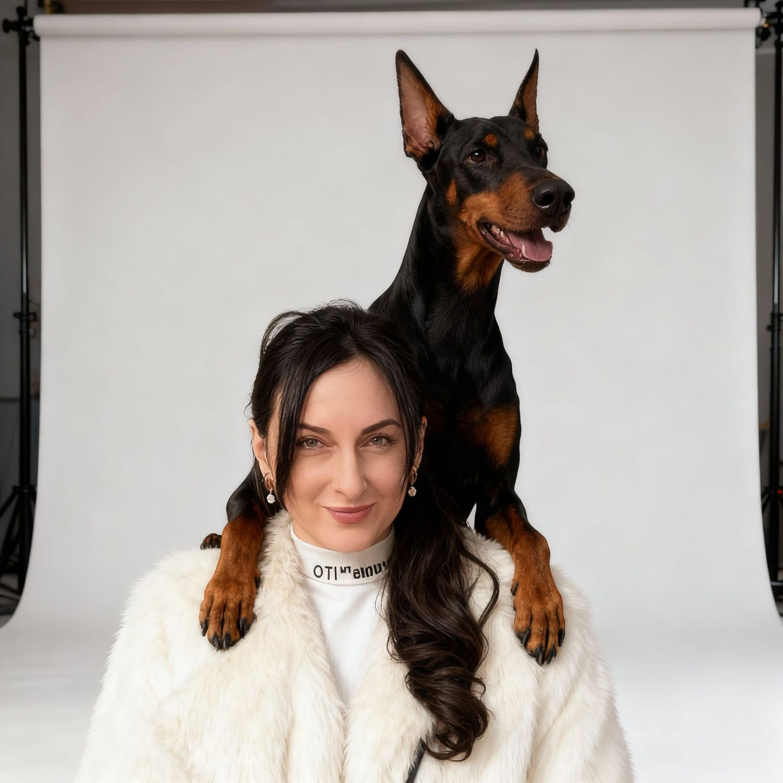 Girl in White Fur Coat with Doberman in Photo Studio