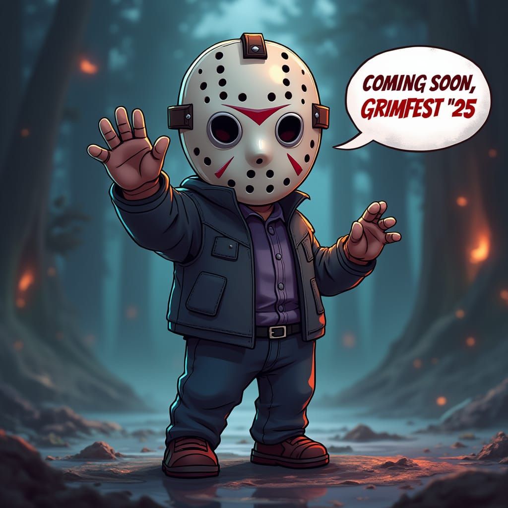 Chibi Jason Voorhees Waving Hello in Detailed Matte Painting