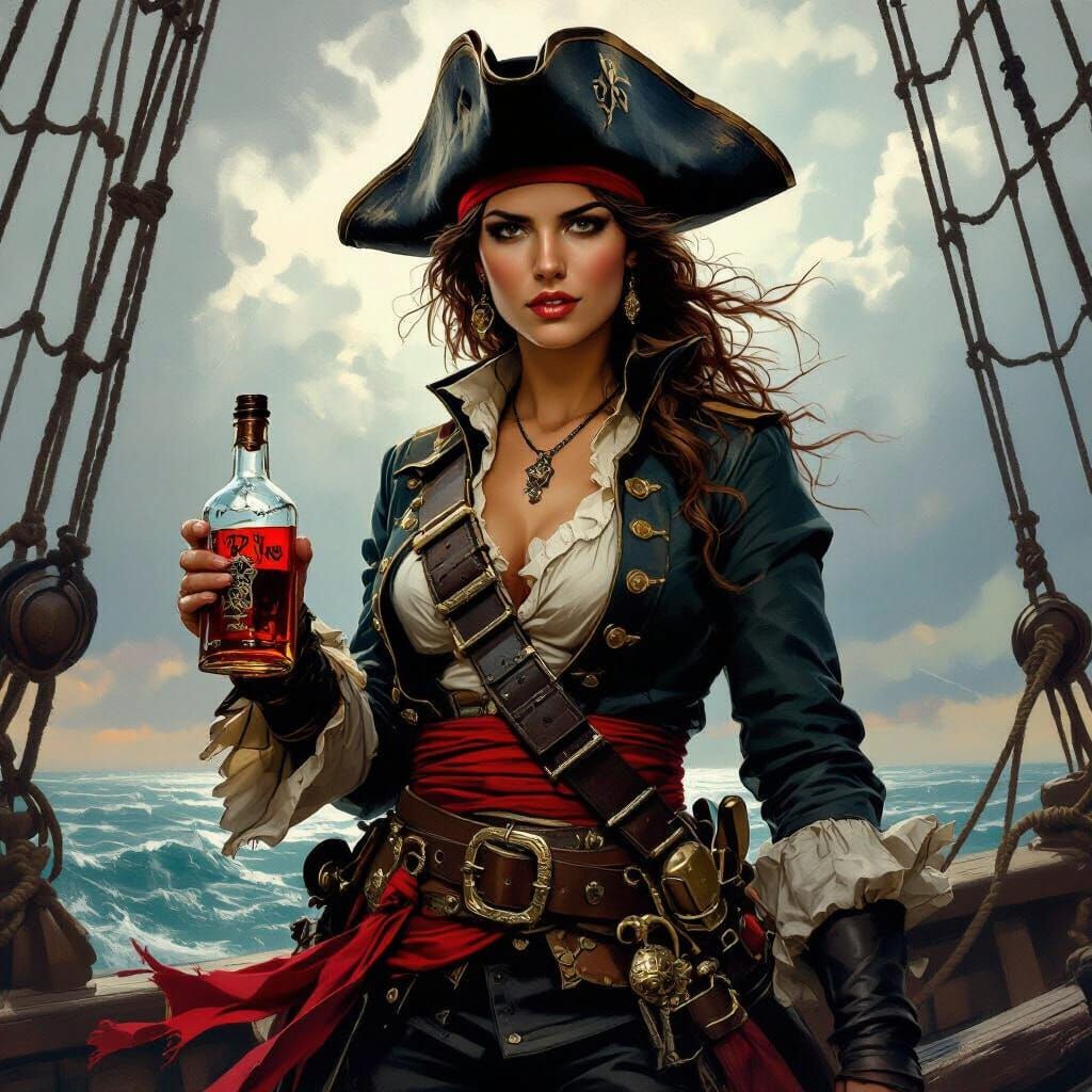 Fierce Female Pirate with Rum and Jolly Roger