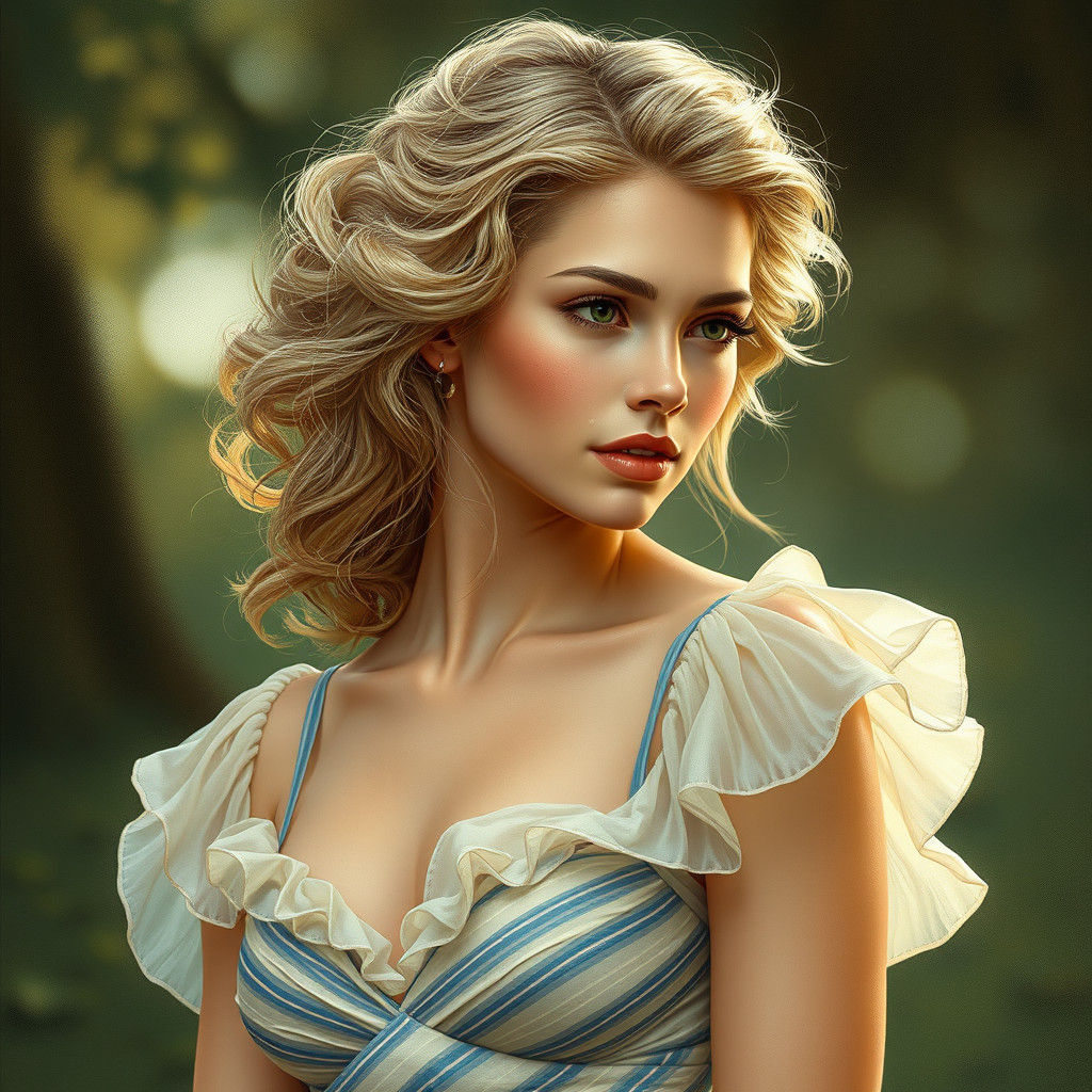 Elegant 19th Century Girl in Soft, Striped Chiffon Dress