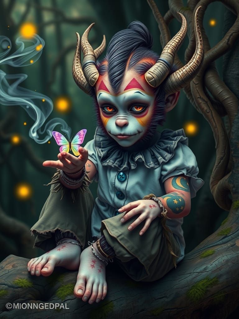 Mysterious Zombie Clown Girl in a Whimsical Forest Scene