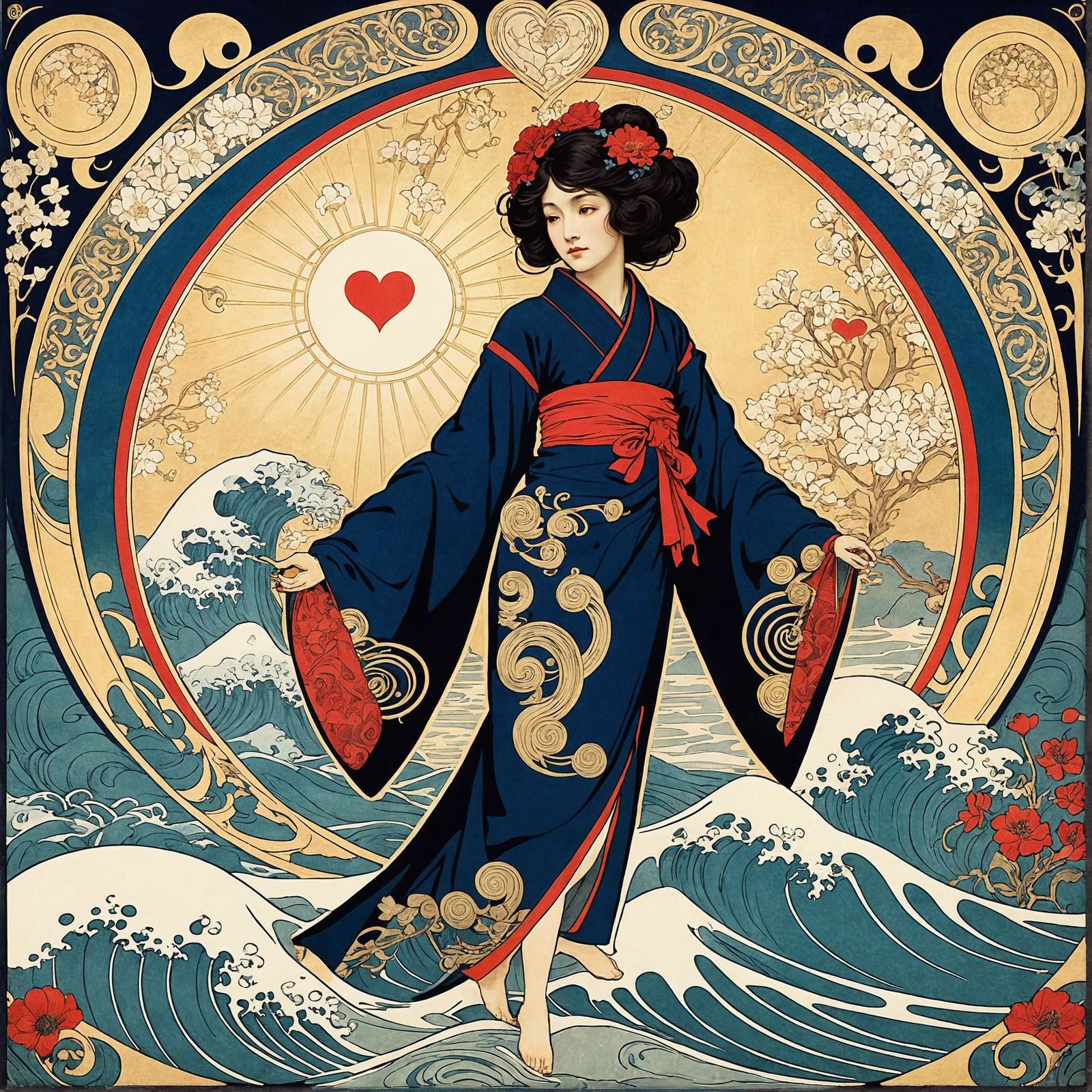 16k resolution, art by Gustave Doré, Alphonse Mucha, Katsushika Hokusai, goddess of love, heart-shaped hieroglyphics ado...