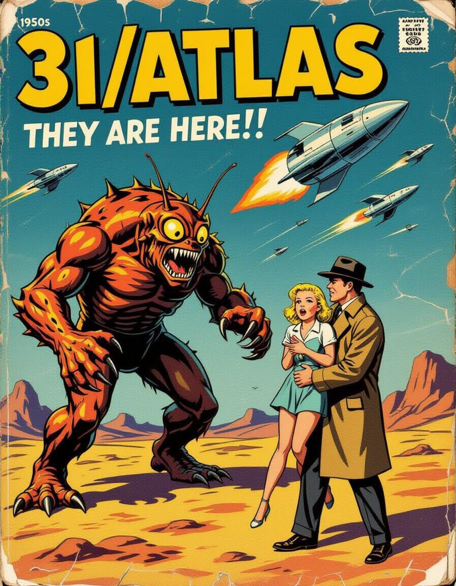 1950s Sci-Fi Comic Cover: Monster Attacks Desert City