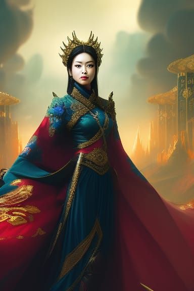 Empress on Throne with Spellbook in Dark Fantasy Style