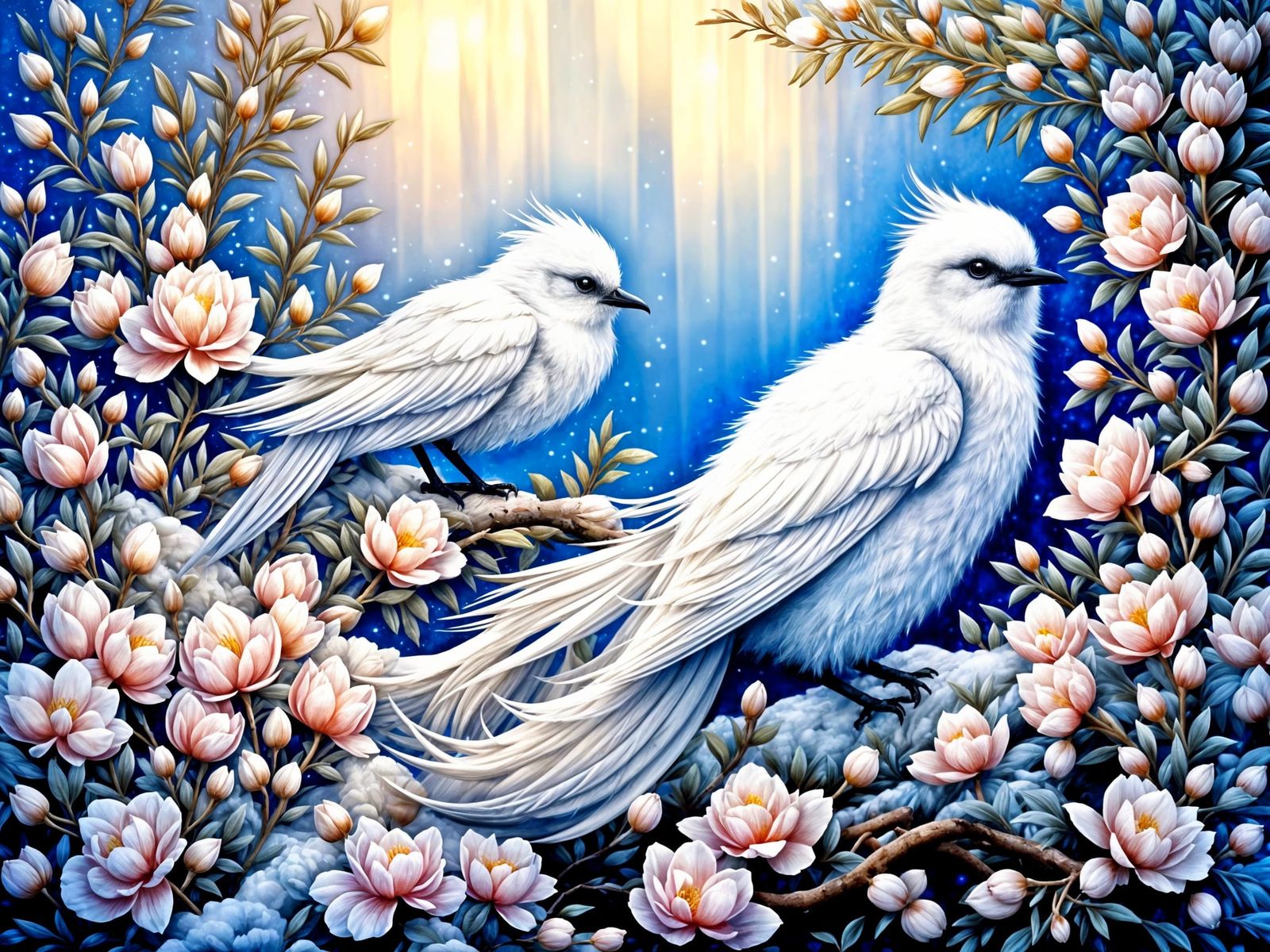 <lora:pabhari-flux:1.0> <lora:PinkSnowWatercol1-Fb:1.0> Beautiful white fantasy bird by Brian Fround, ethereal, shimmery...