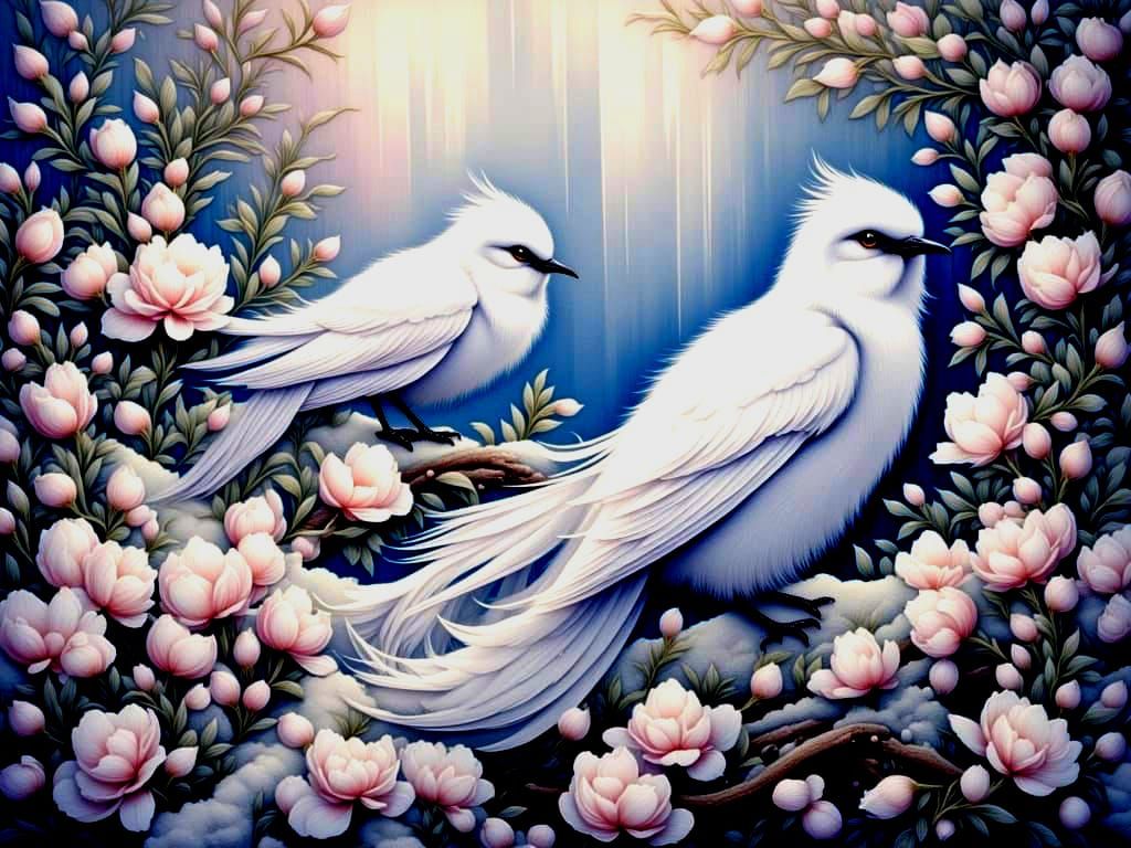 <lora:pabhari-flux:1.0> <lora:PinkSnowWatercol1-Fb:1.0> Beautiful white fantasy bird by Brian Fround, ethereal, shimmery...