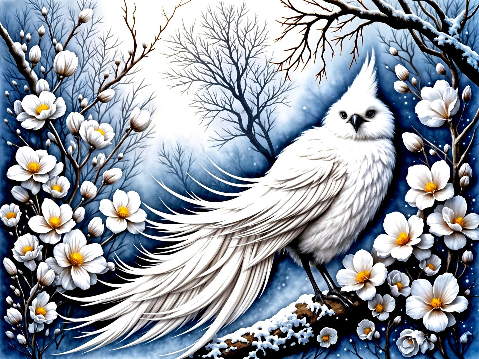 <lora:pabhari-flux:1.0> <lora:PinkSnowWatercol1-Fb:1.0> Beautiful white fantasy bird by Brian Fround, ethereal, shimmery...