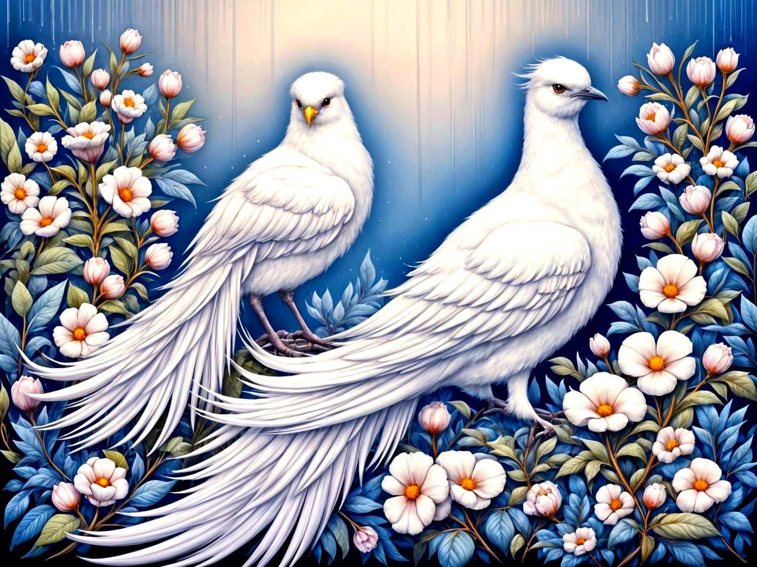 <lora:pabhari-flux:1.0> <lora:PinkSnowWatercol1-Fb:1.0> Beautiful white fantasy bird by Brian Fround, ethereal, shimmery...