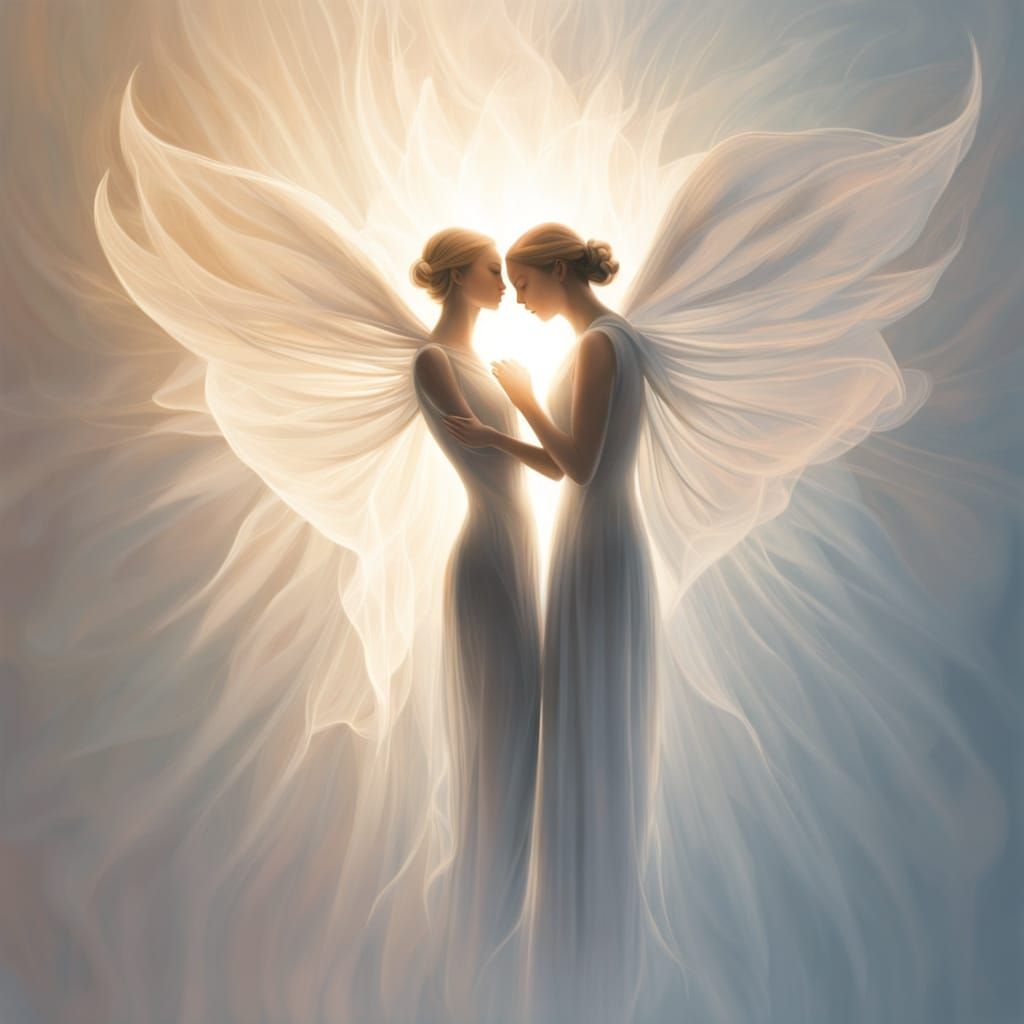 Geometric Beings Share Radiant Heart in Ethereal Light