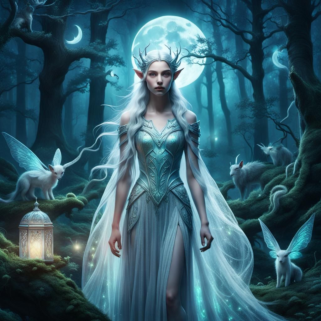 Ethereal Elves Amidst a Dark, Lush Forest in Soft, Iridescen...