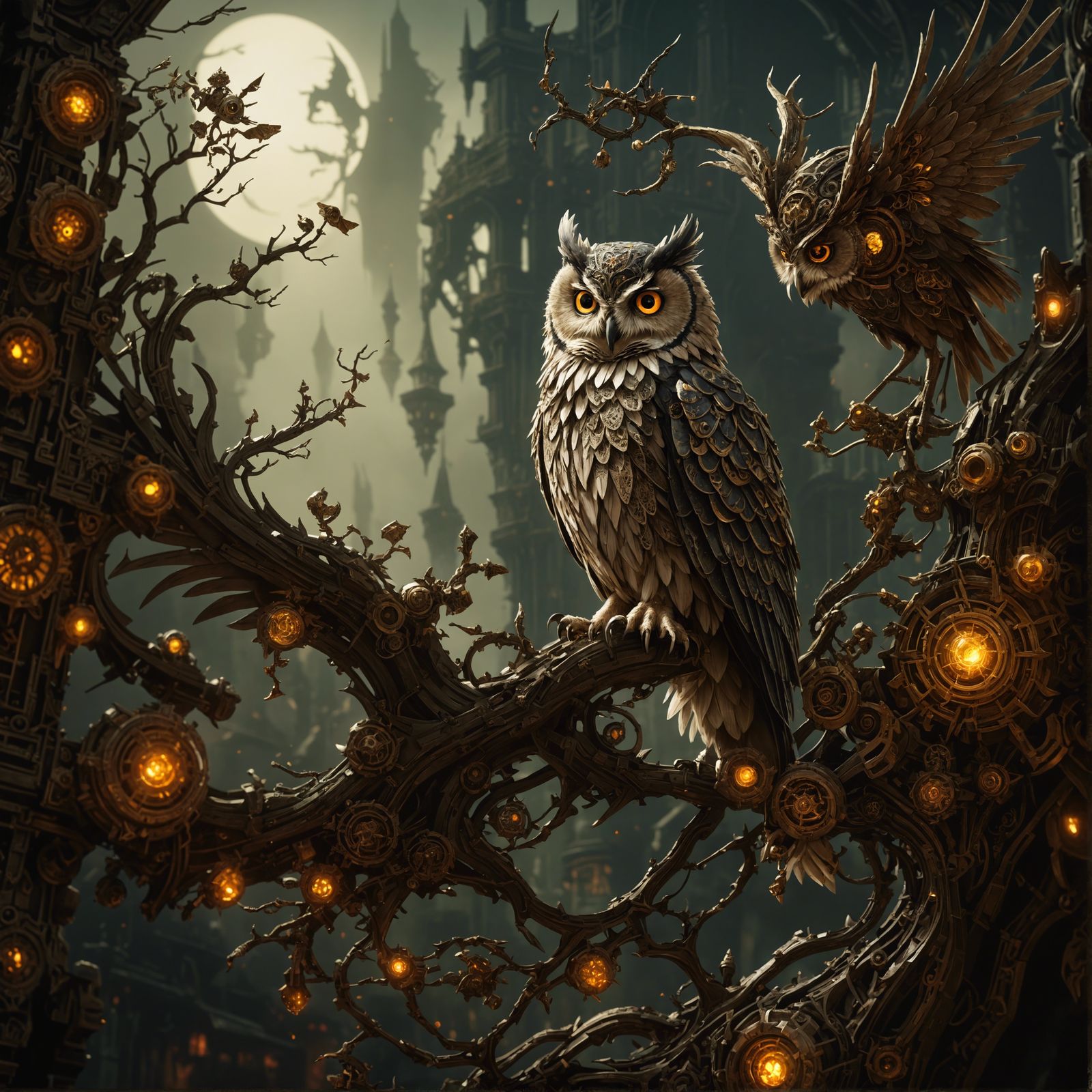 Ethereal Owl in Dark Fantasy Cyborg World