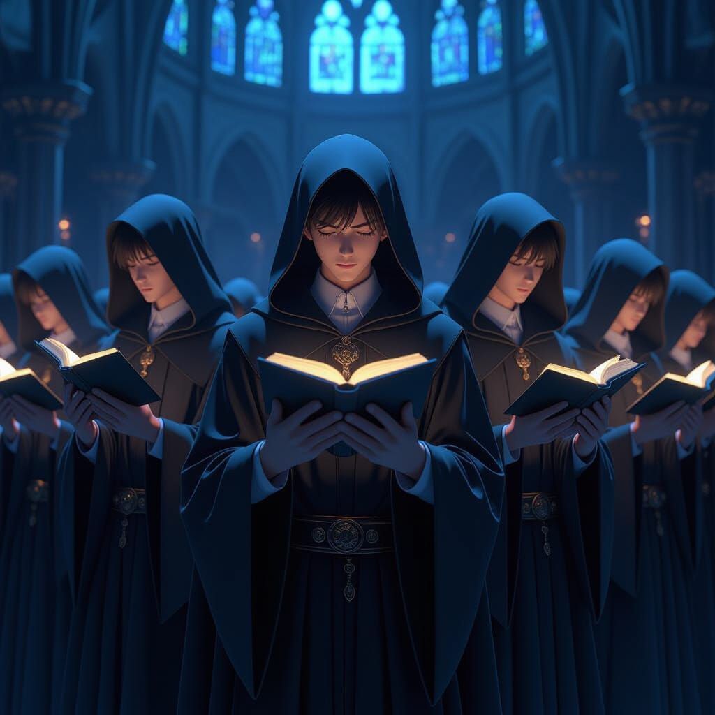 Dark Cathedral Shrine with Praying Monks in Anime Style