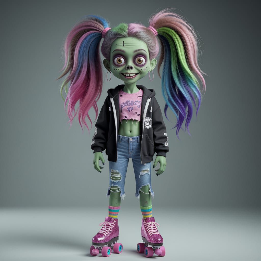Vibrant Zombie Girl on Roller Skates in a Dreamy Skating Rin...