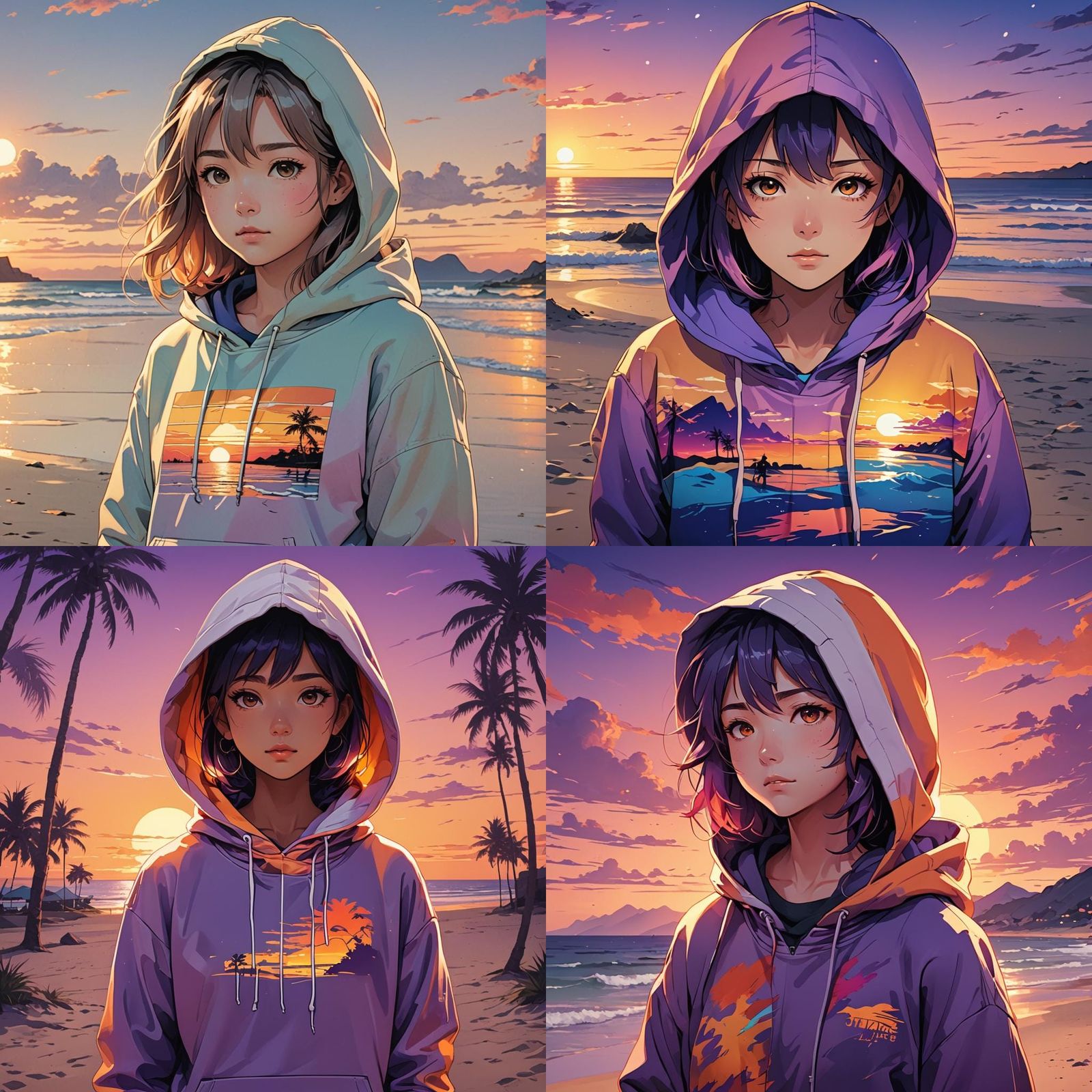 Manga-Inspired Beach Sunset Hoodie in Cinematic Style