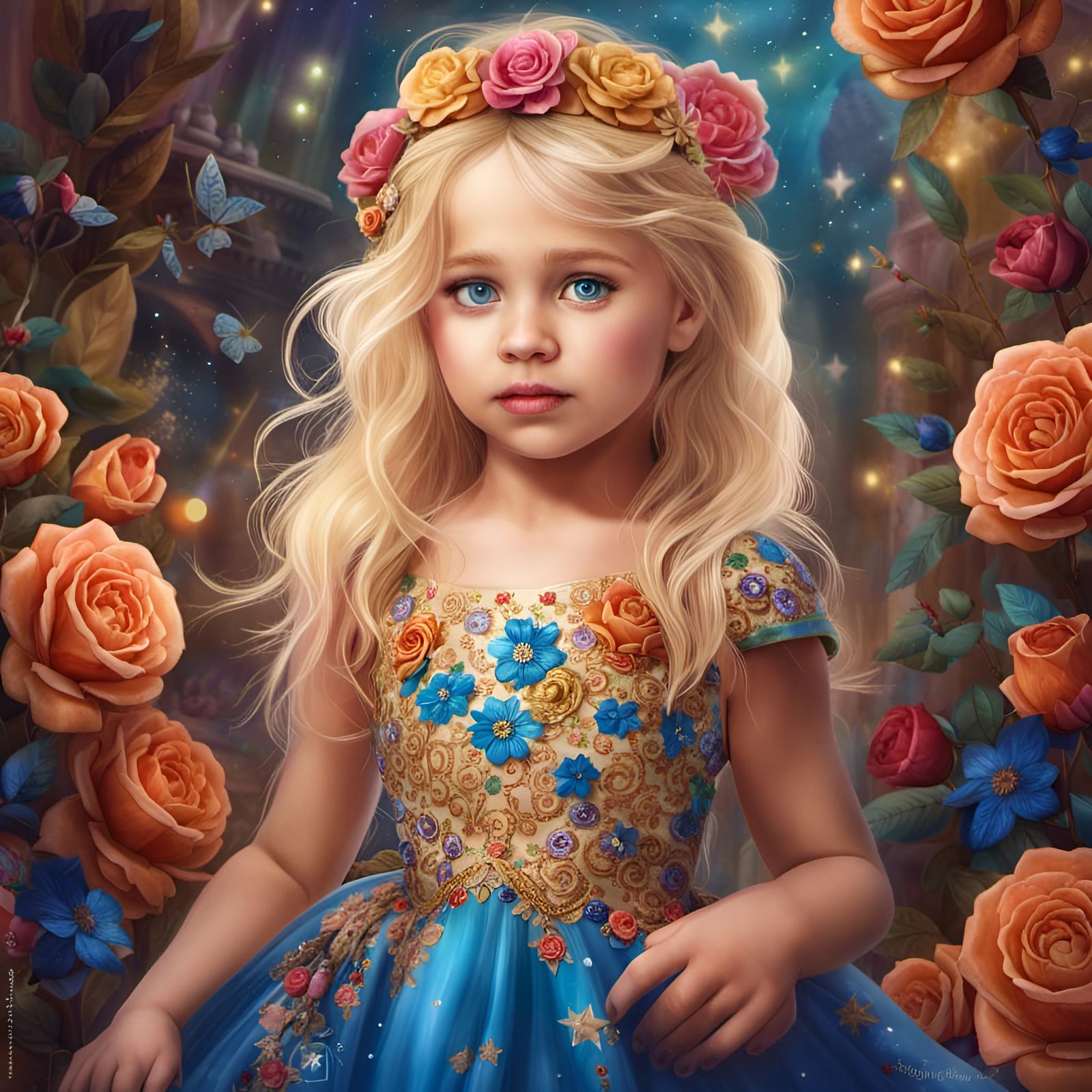 Beautiful toddler princess, blonde with blue eyes, golden dr...